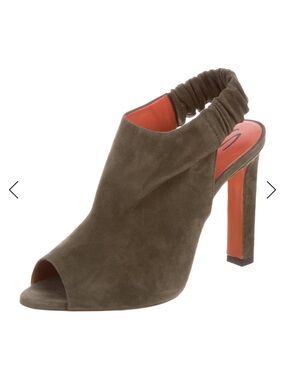Santoni Olive Suede Peep-Toe Slingback Heel with Orange Insole